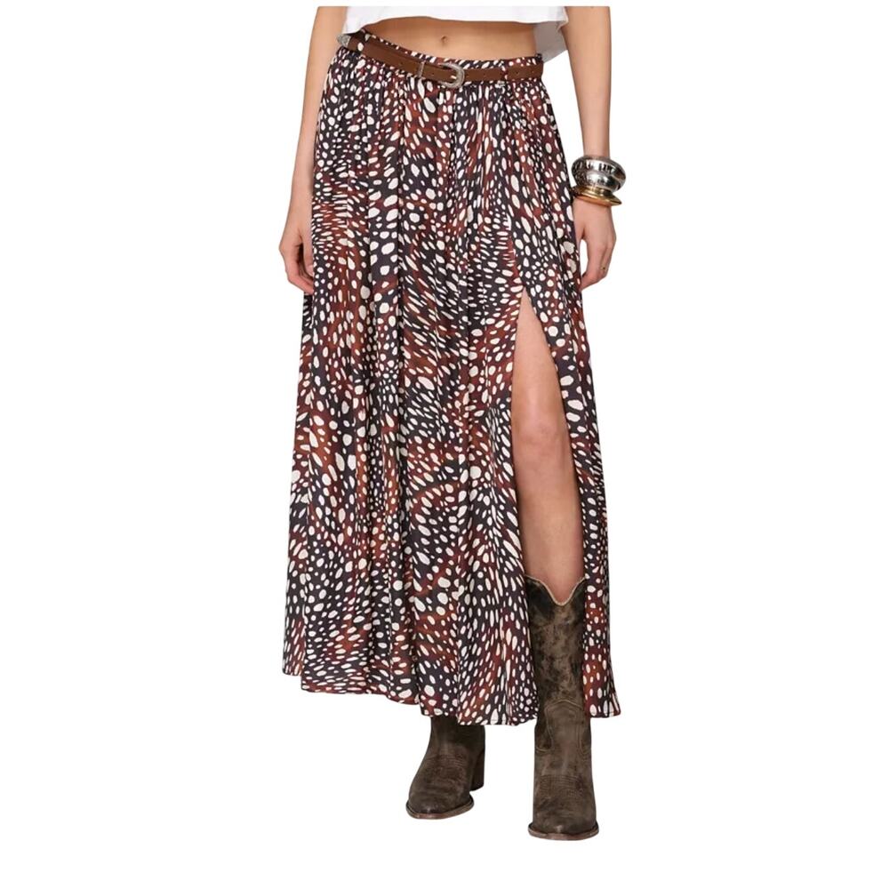 Avec Les Filles animal print Fawn deer Print Pleated Midi Skirt with Belt
